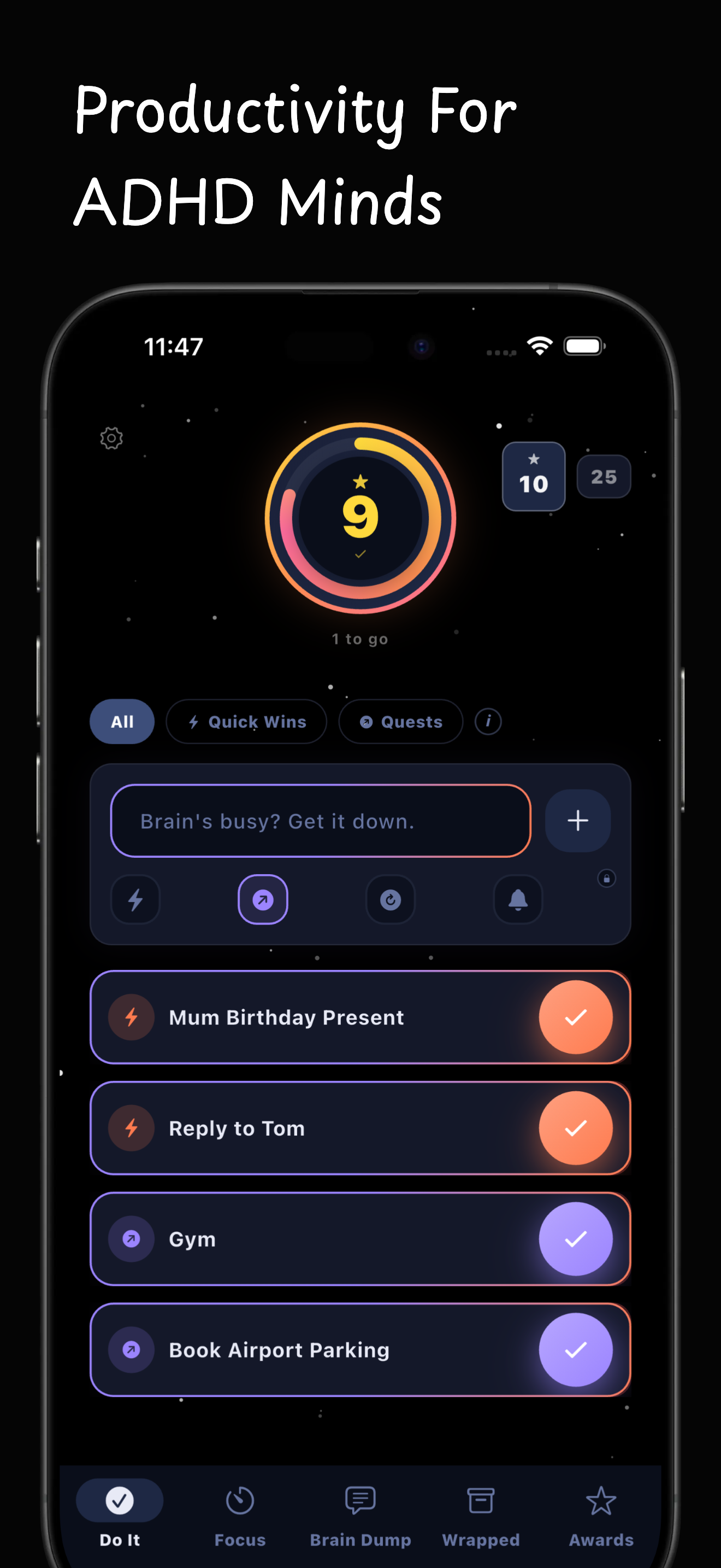 ADH Do It main task screen with progress ring and task list