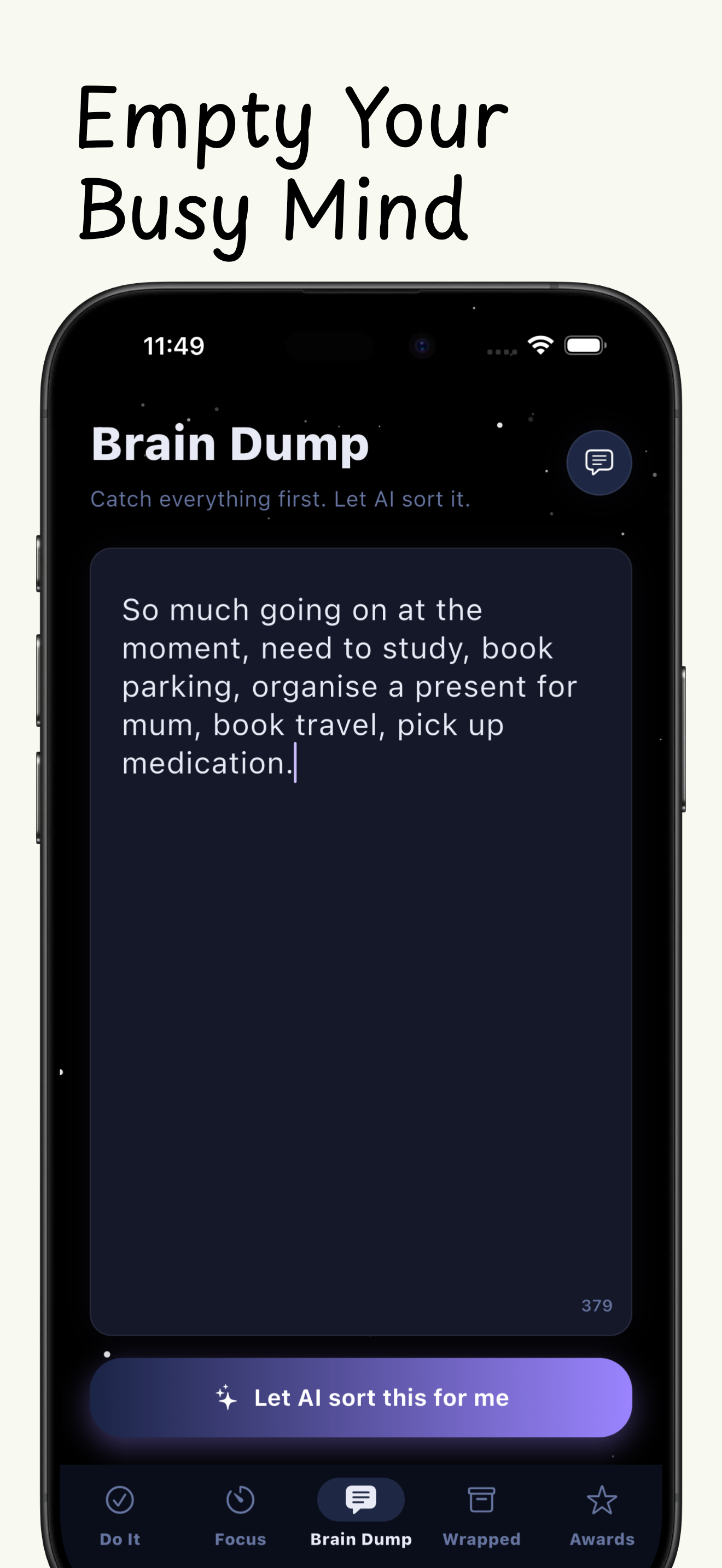 ADH Do It Brain Dump screen for capturing unstructured thoughts