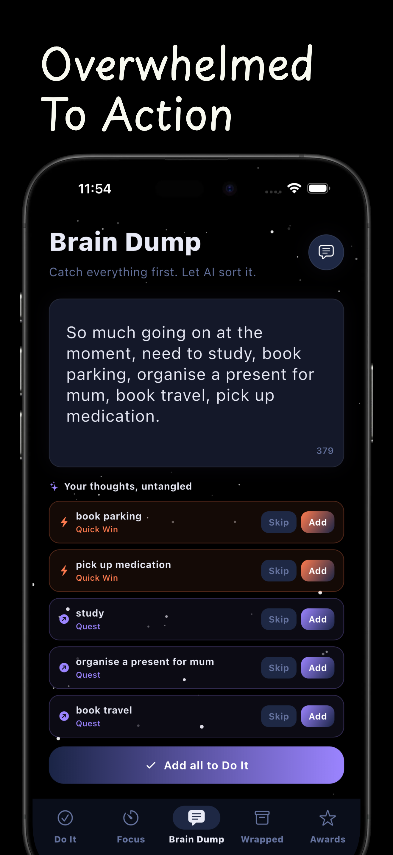 ADH Do It Brain Dump with AI-sorted task suggestions ready to add