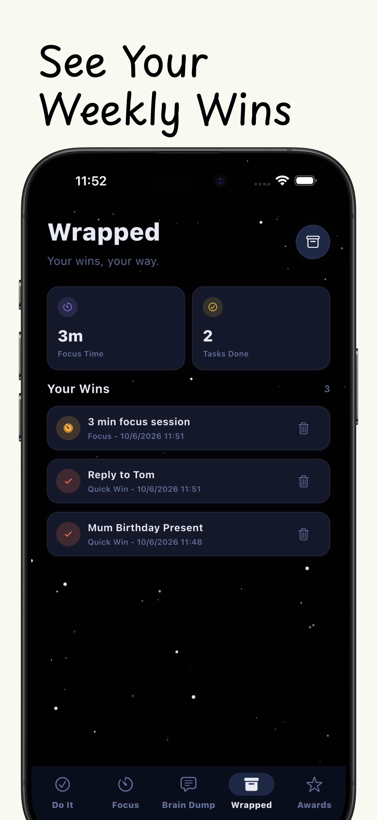 ADH Do It Wrapped screen showing weekly focus time and completed tasks