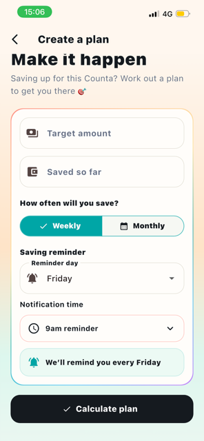 Create a plan screen with target amount and saving reminder controls