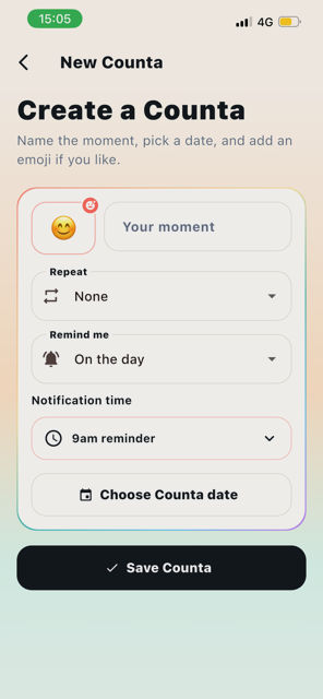 Create a Counta screen with moment, repeat and reminder fields