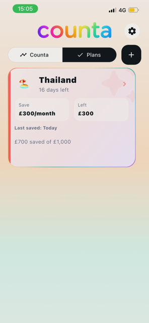 Counta plans screen showing a Thailand savings plan